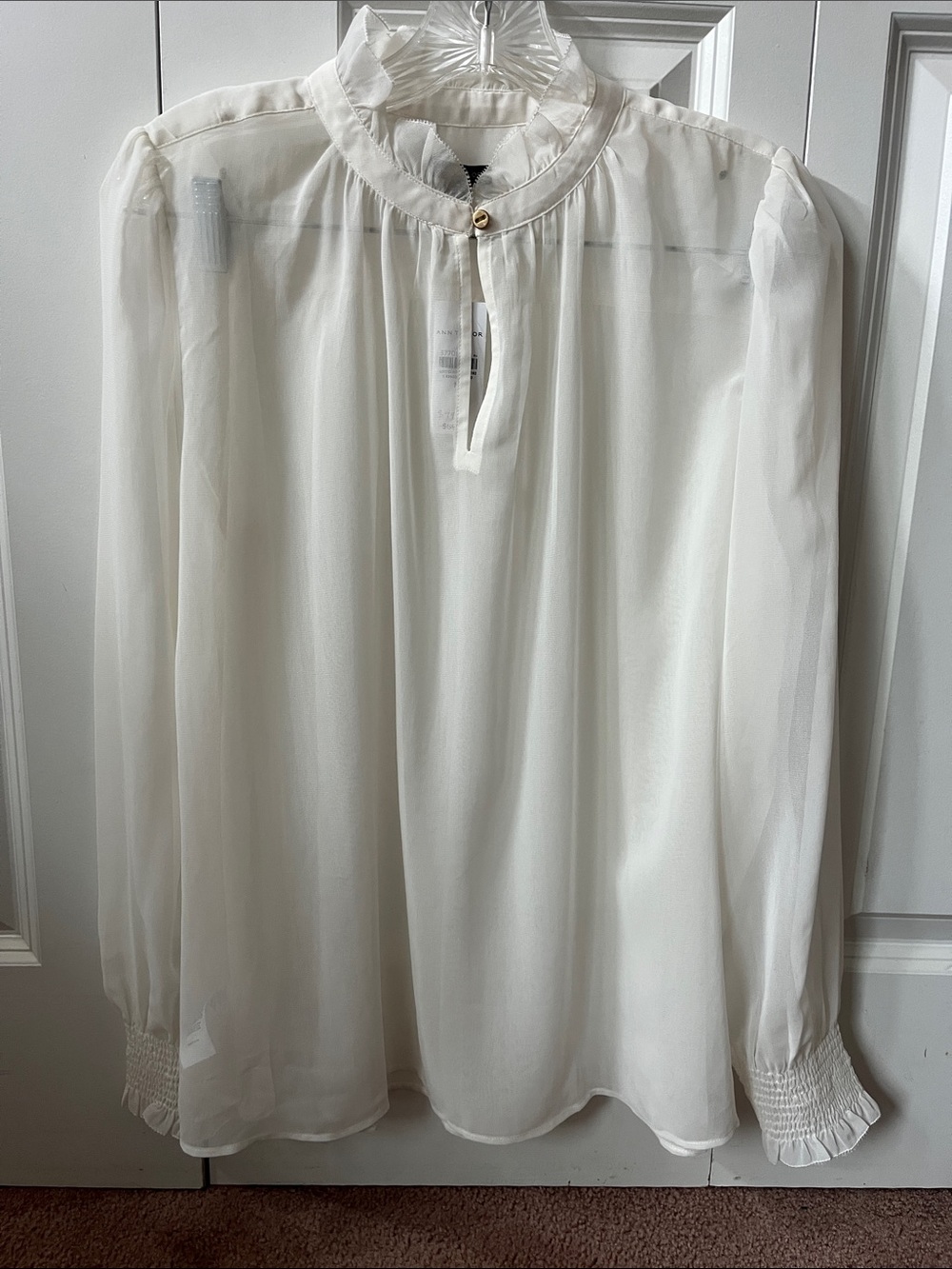 Ann Taylor Cream Ruffled Mock-Neck Long Sleeve Blouse